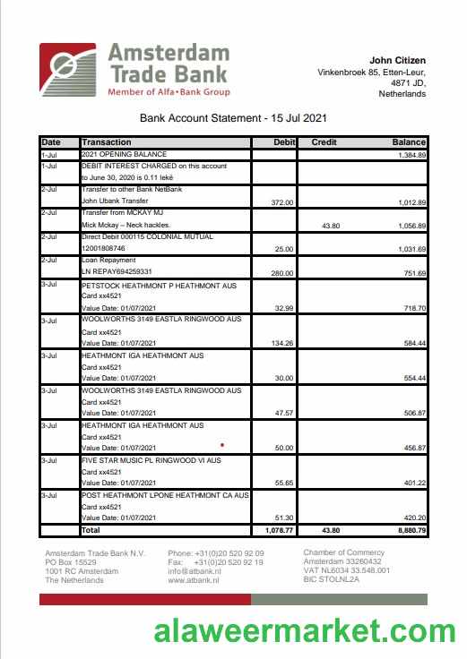 Netherlands Amsterdam Trade Bank statement template in Word and PDF format